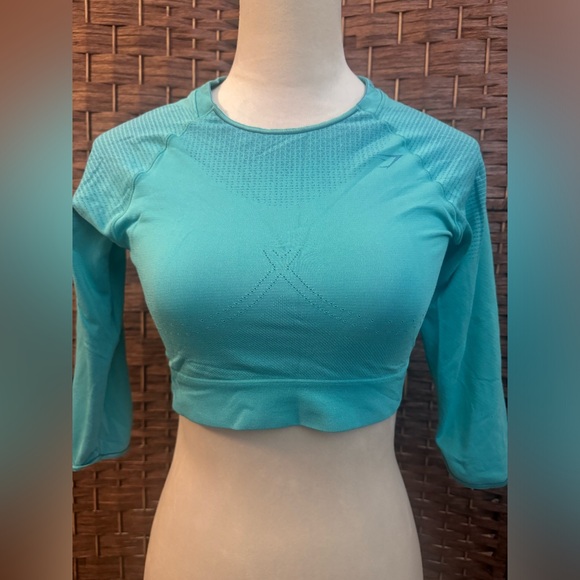 Gymshark Workout Seamless Crop Top Quarter Sleeve Teal Active Exercise Large - Picture 12 of 12